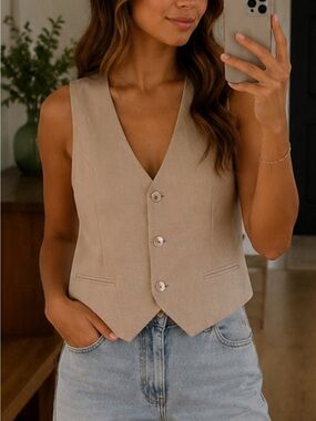 Joie Linen Blend Tailored Button Front Vest Beige Sleeveless Size L NWT